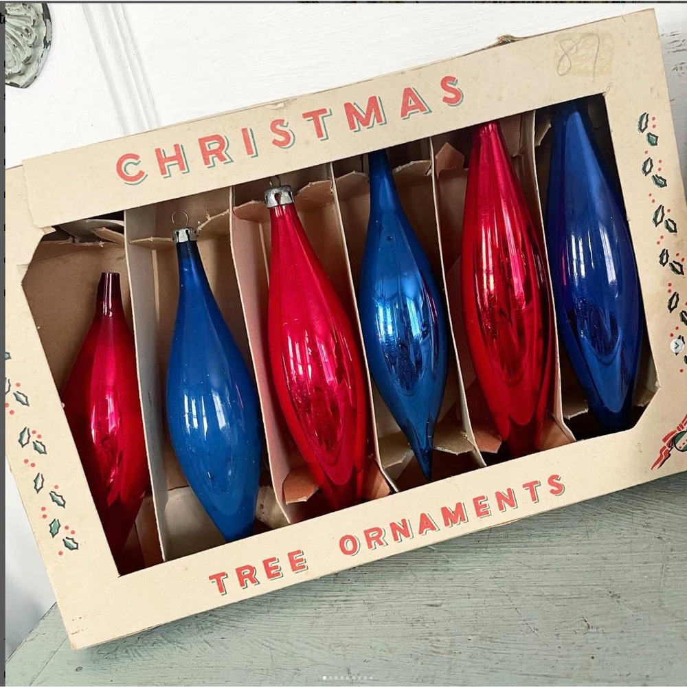 Vintage Christmas Ornaments Icicle Glass Patriotic Americana Poland Box Set 6B